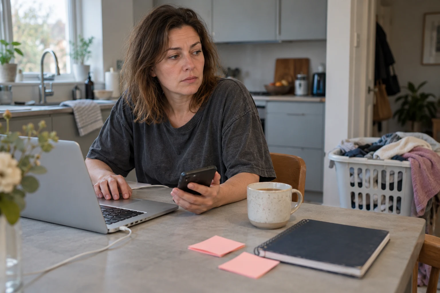 A woman pauses between her laptop, phone and household jobs at a kitchen table.